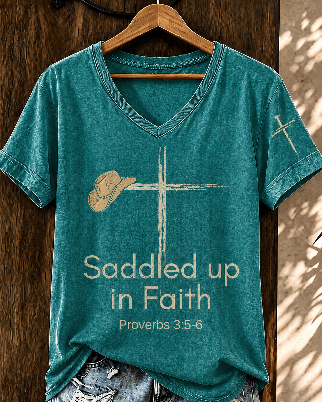 Women'S Retro WesternSaddled Up in Faith  V-Neck T-Shirt