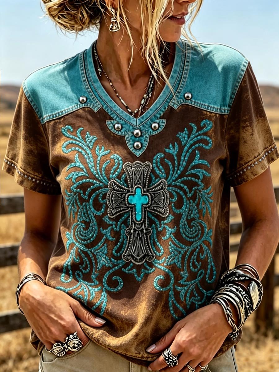 Western Türkis Kreuz Cowboy Patchwork V-Ausschnitt T-Shirt