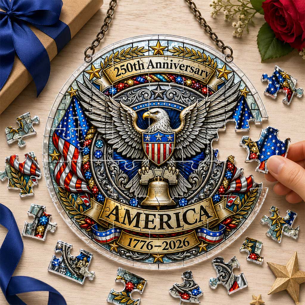 America 250th Anniversary Acrylic Puzzle Hanging Ornament – Patriotic Eagle, Liberty Bell & American Flag Suncatcher Decoration, 1776–2026 Commemorative Gift