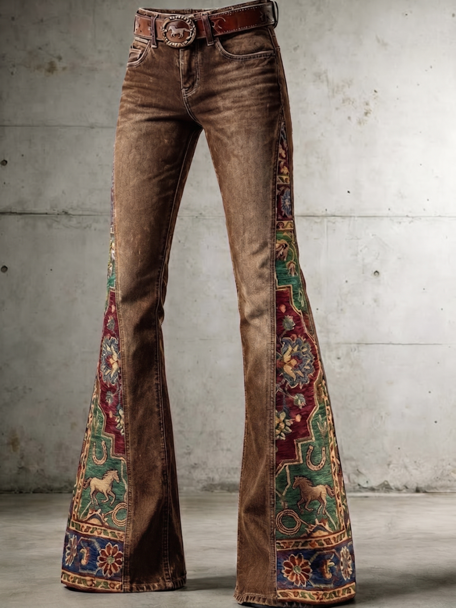 Damen-Retro-Western-Stil-Kunst-Print-Schlaghose