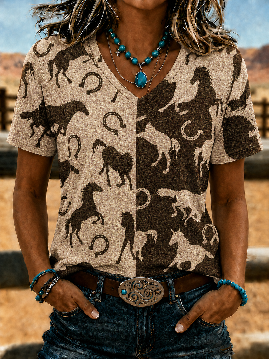 Women'S Retro Western Style Horse Print V-Neck T-Shirt