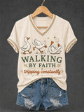 Classic Walking By Faith Tripping Constantly Goose Print Christian Inspirational Short-Sleeved Shirt