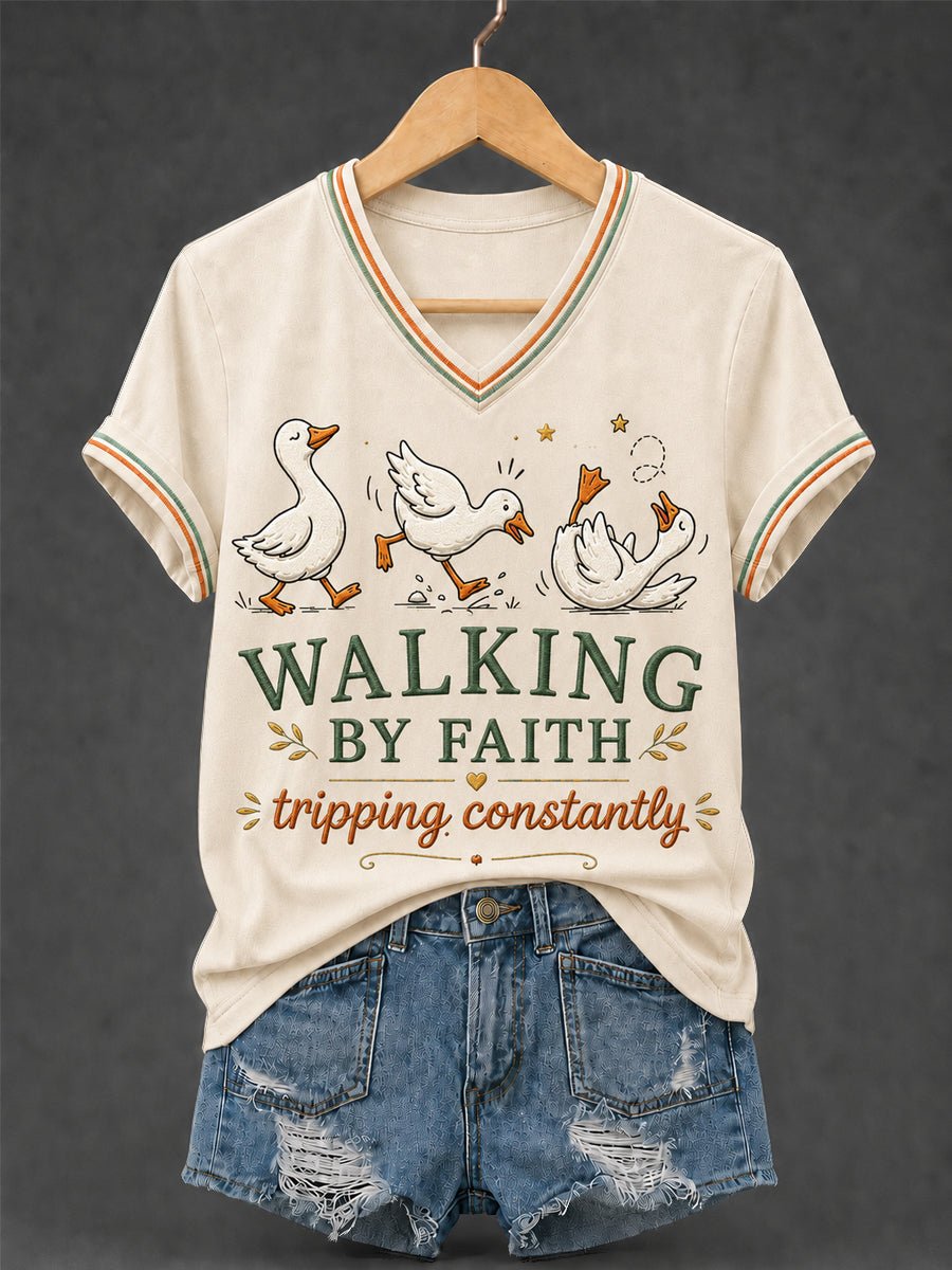 Classic Walking By Faith Tripping Constantly Goose Print Christian Inspirational Short-Sleeved Shirt