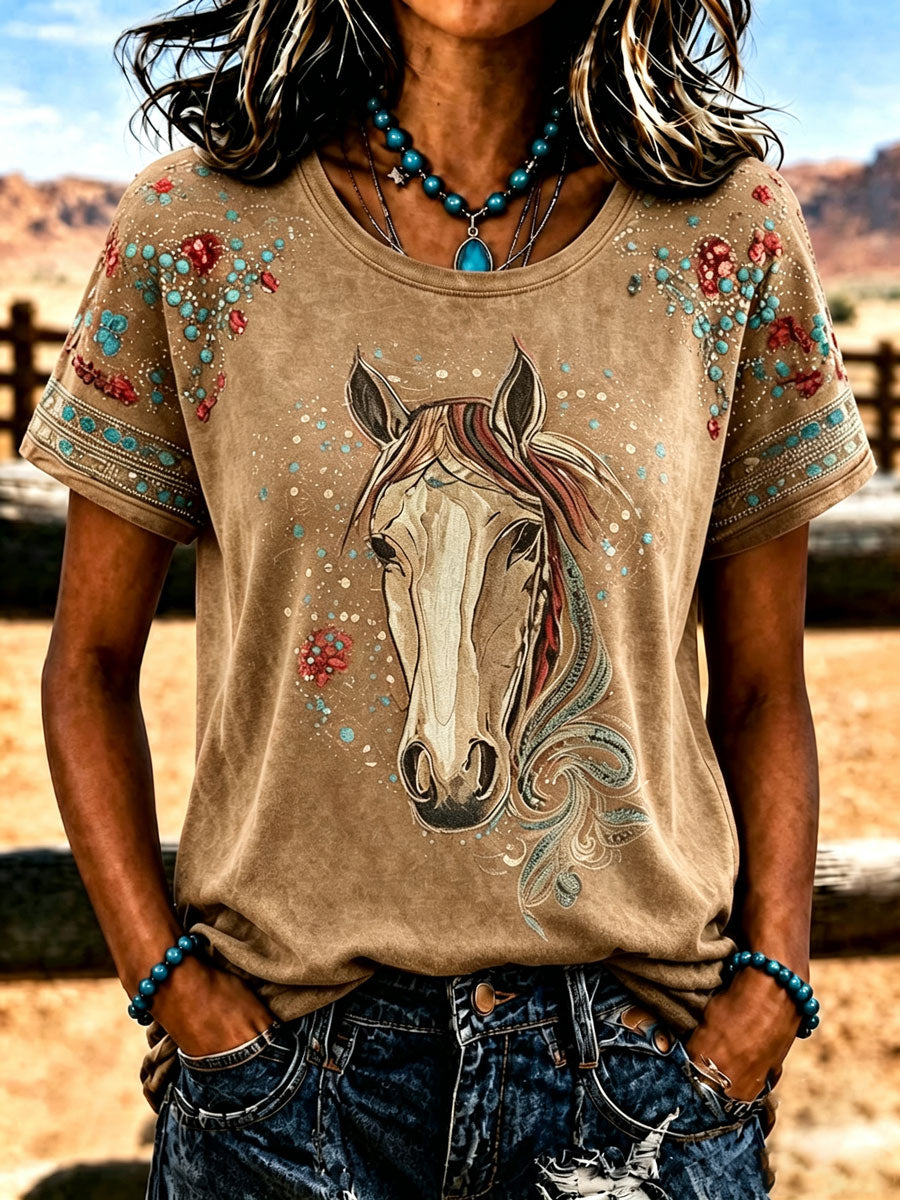 Women'S Retro Western Style Printed T-Shirt