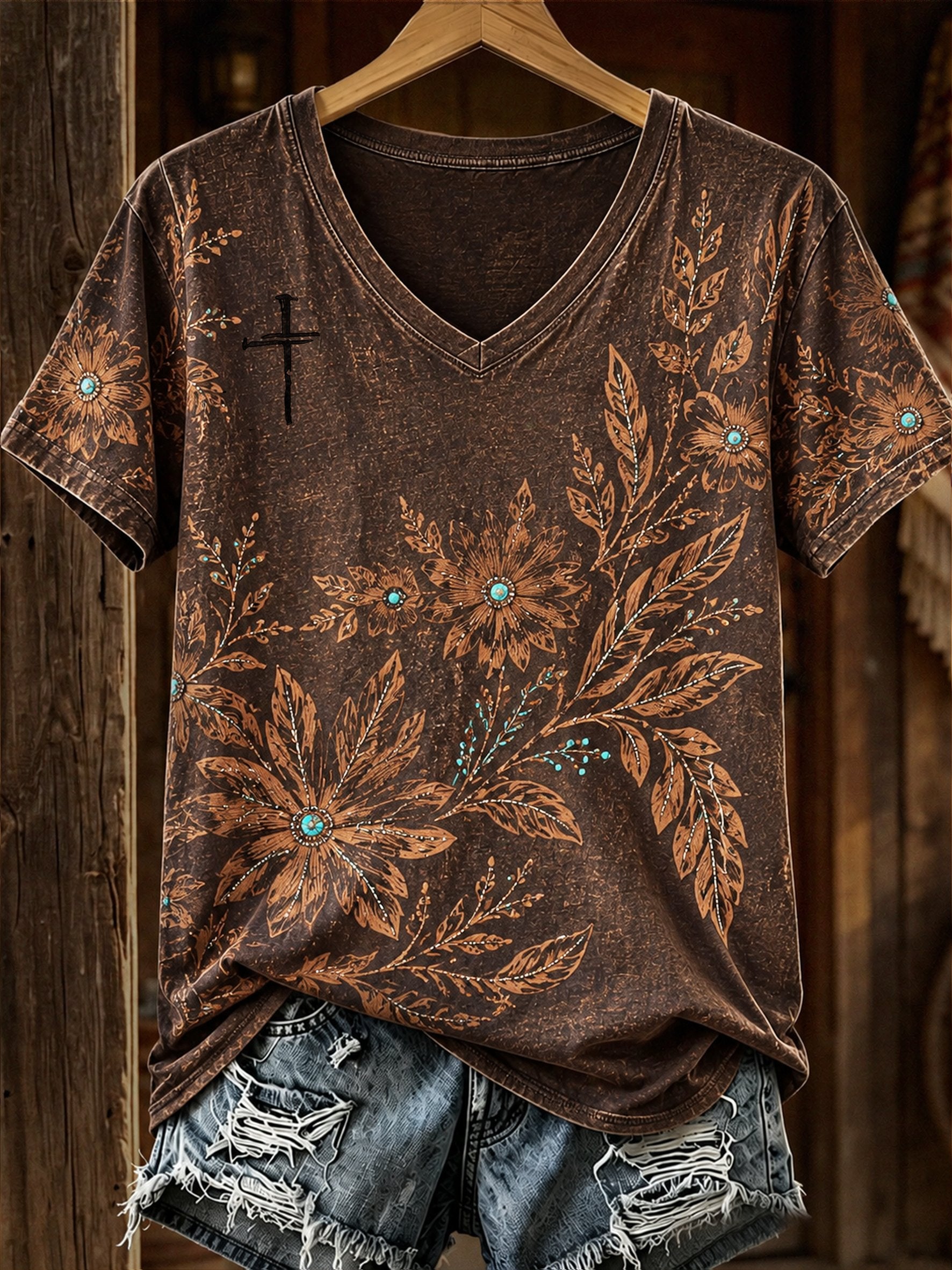Damen Retro Western Print Freizeit Top