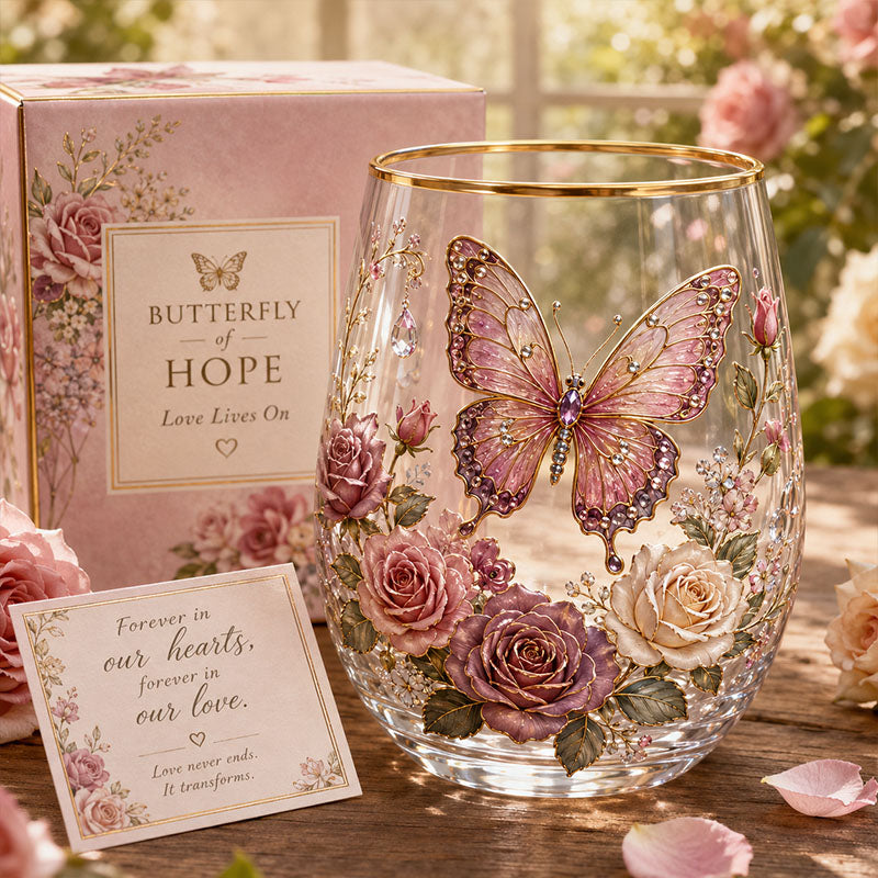 Pink Butterfly Rose Glass Gift Set