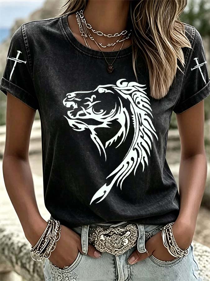 T-shirt décontracté femme à imprimé cheval de style western
