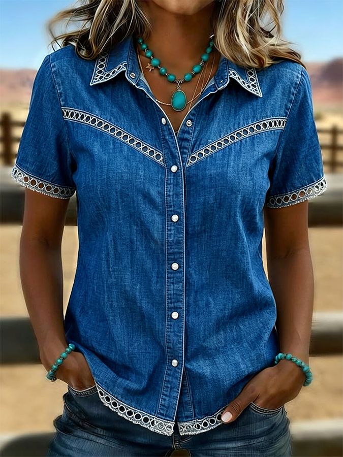 Women's Western Style Retro Solid Color Casual Hollow Denim Shirt