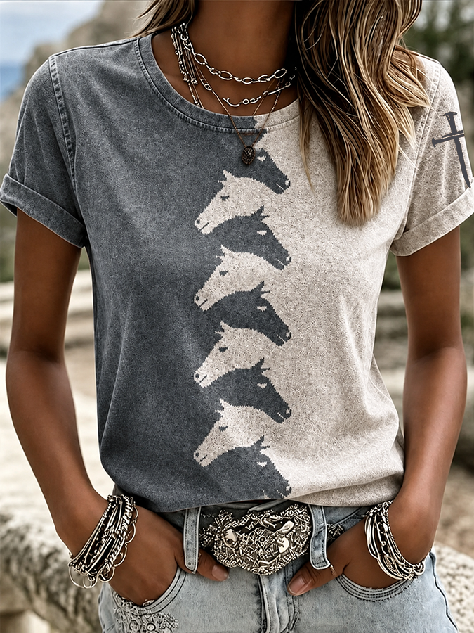 Damen T-Shirt mit Western-Tiermotiv und Rundhalsausschnitt
