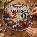 Amerika 250. Jubiläum Acryl-Puzzle-Hängeornament – 1776–2026 Patriotische Fensterdekoration im Buntglas-Stil