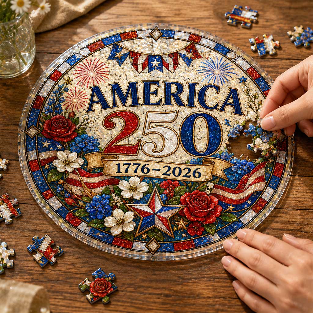 America 250th Anniversary Acrylic Puzzle Hanging Ornament – 1776–2026 Patriotic Stained Glass Style Window Decor