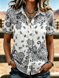 Women's Western Vintage Ethnic Floral Print Lapel Short Sleeve Button Down Shirt