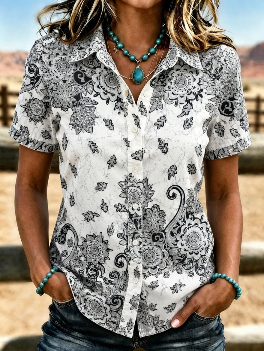 Women's Western Vintage Ethnic Floral Print Lapel Short Sleeve Button Down Shirt