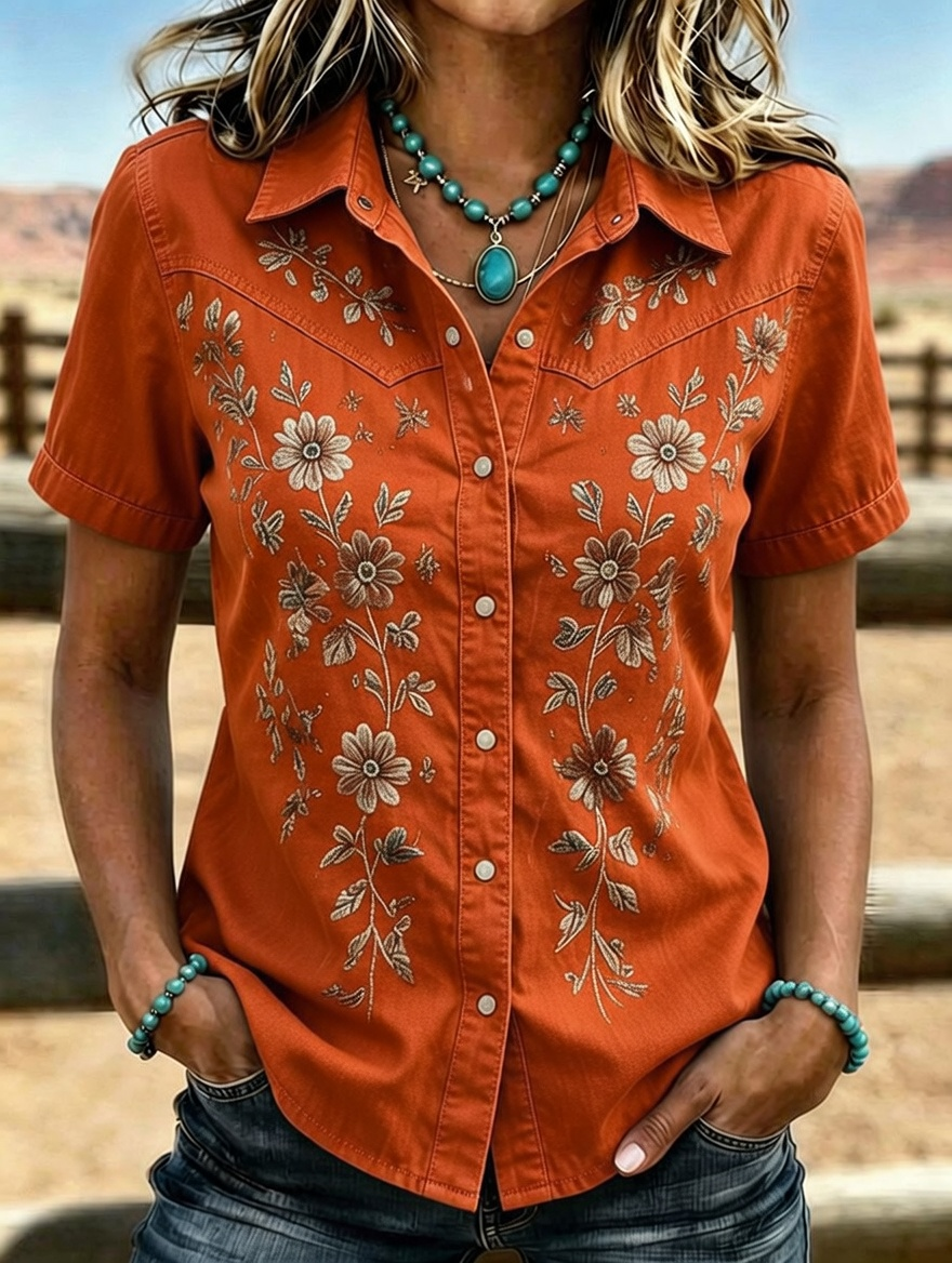Women's Western Floral Embroidered Short Sleeve Shirt