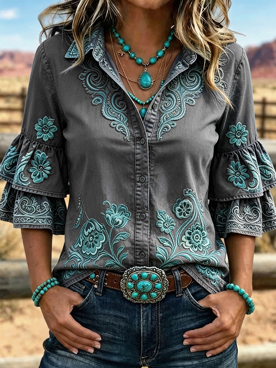 Women's Paisley Floral Embroidery Lapel Layer Ruffle Bell Sleeve Western Shirt