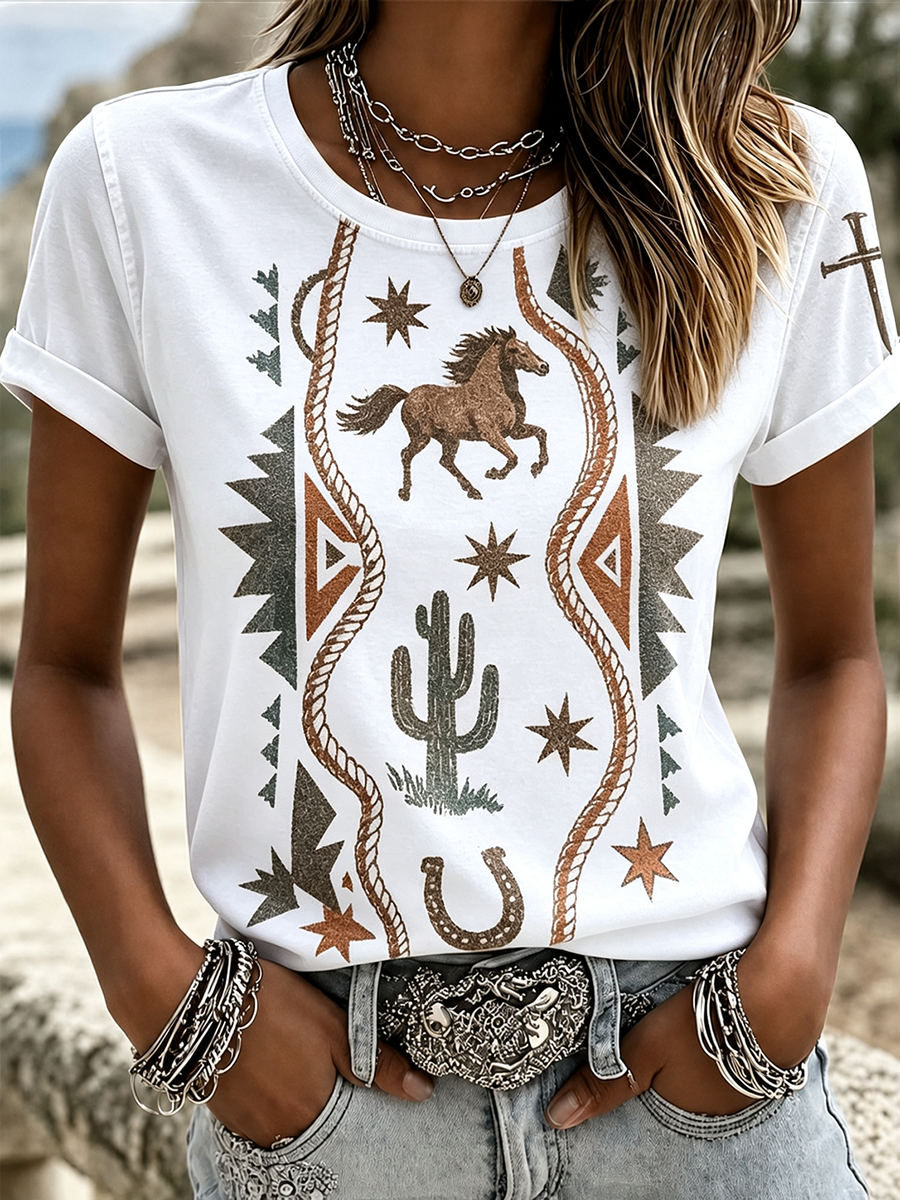 Women's Vintage Wash Cactus Horse Horseshoe Aztec Rope Graphic T-Shirt