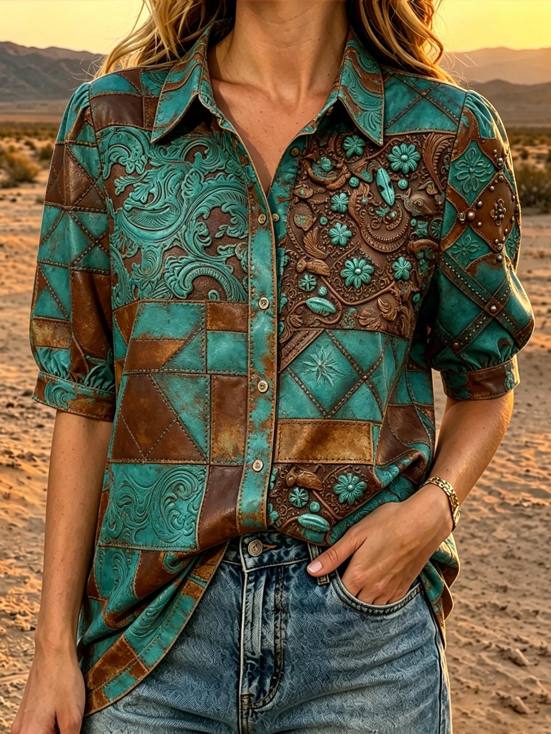 Damen Retro Western-Print V-Ausschnitt Oberteil