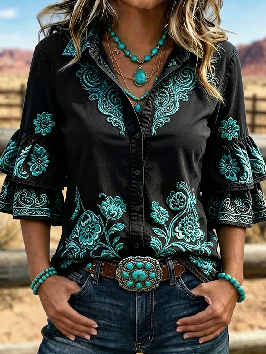 Damen Paisley Blumenstickerei Revers Lagen Rüschenglockenärmel Westernhemd  