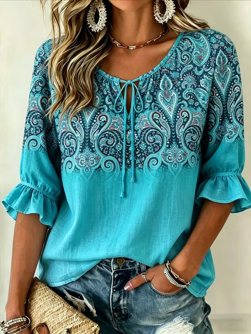 Damen Vintage Blumenmuster Patchwork Freizeit Shirt