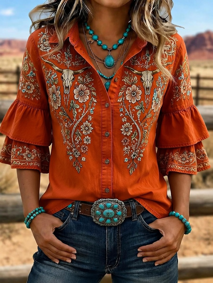 Chemise femme à manches volantées brodées tête de buffle Western