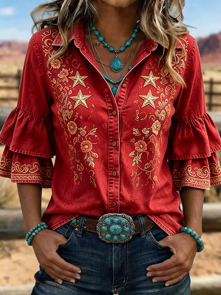 Western Damen Blumen besticktes Rüschenärmelhemd