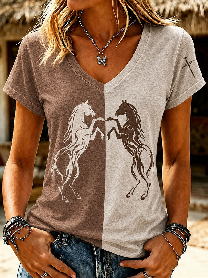 Damen Retro Western-Stil T-Shirt mit Pferde-Print und V-Ausschnitt