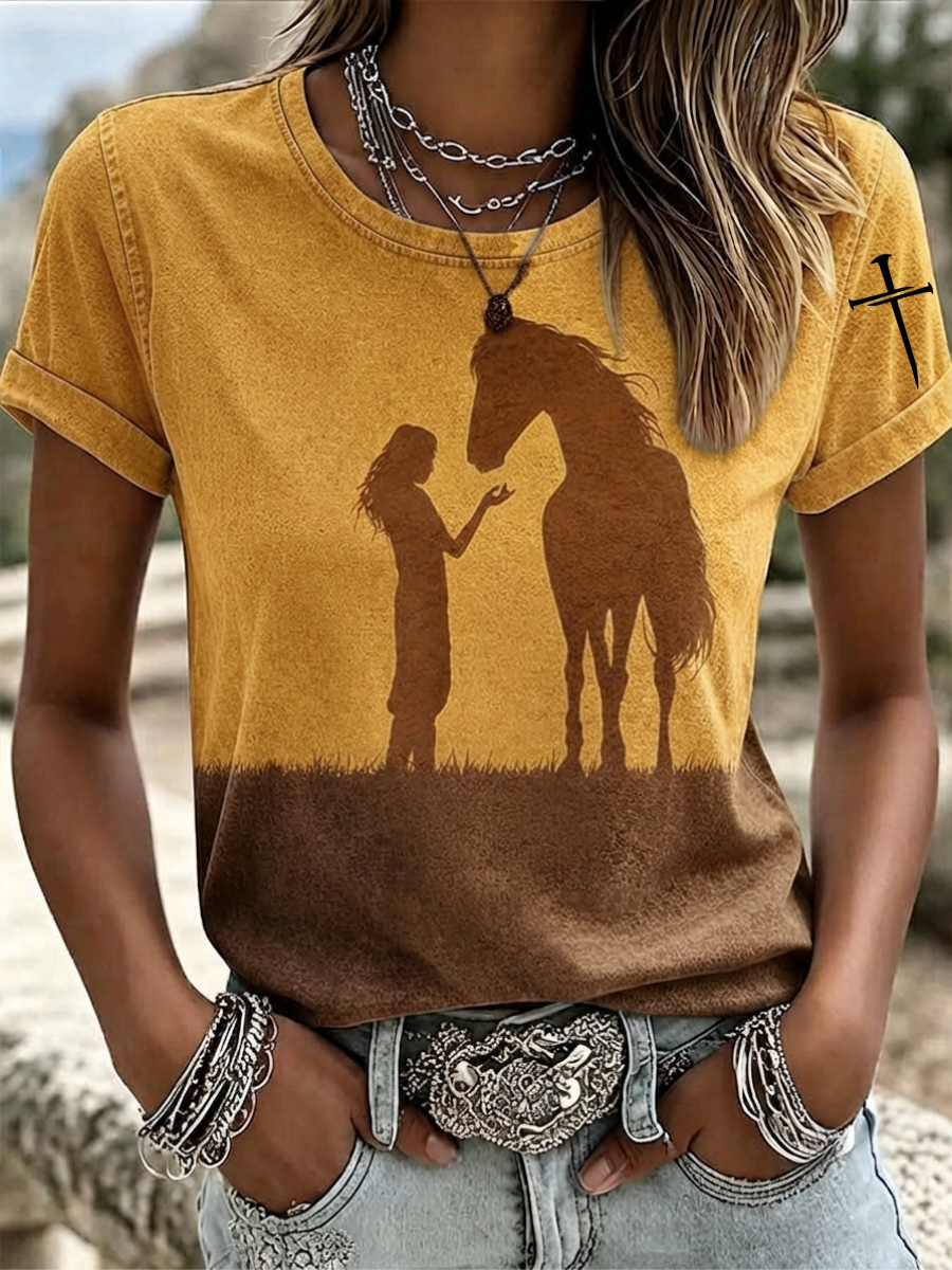 T-Shirt mit Tiermotiven und Rundhalsausschnitt im Western-Stil für Damen