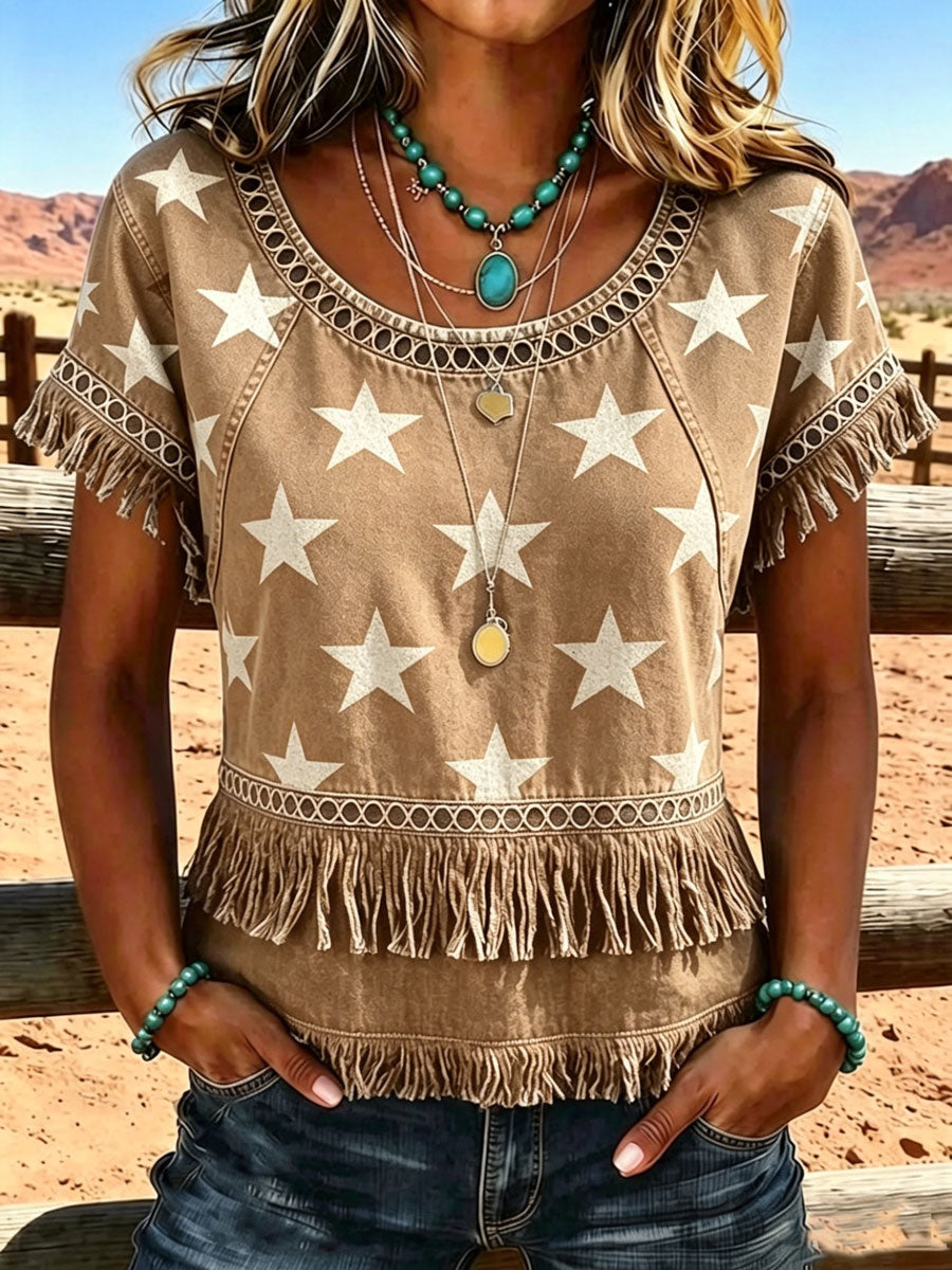 Women'S 250Th Anniversary American Vintage Western-Style Casual Shirt With Fringe Splicing