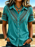 Damen Retro Western Stil Bedrucktes Kurzarmhemd  