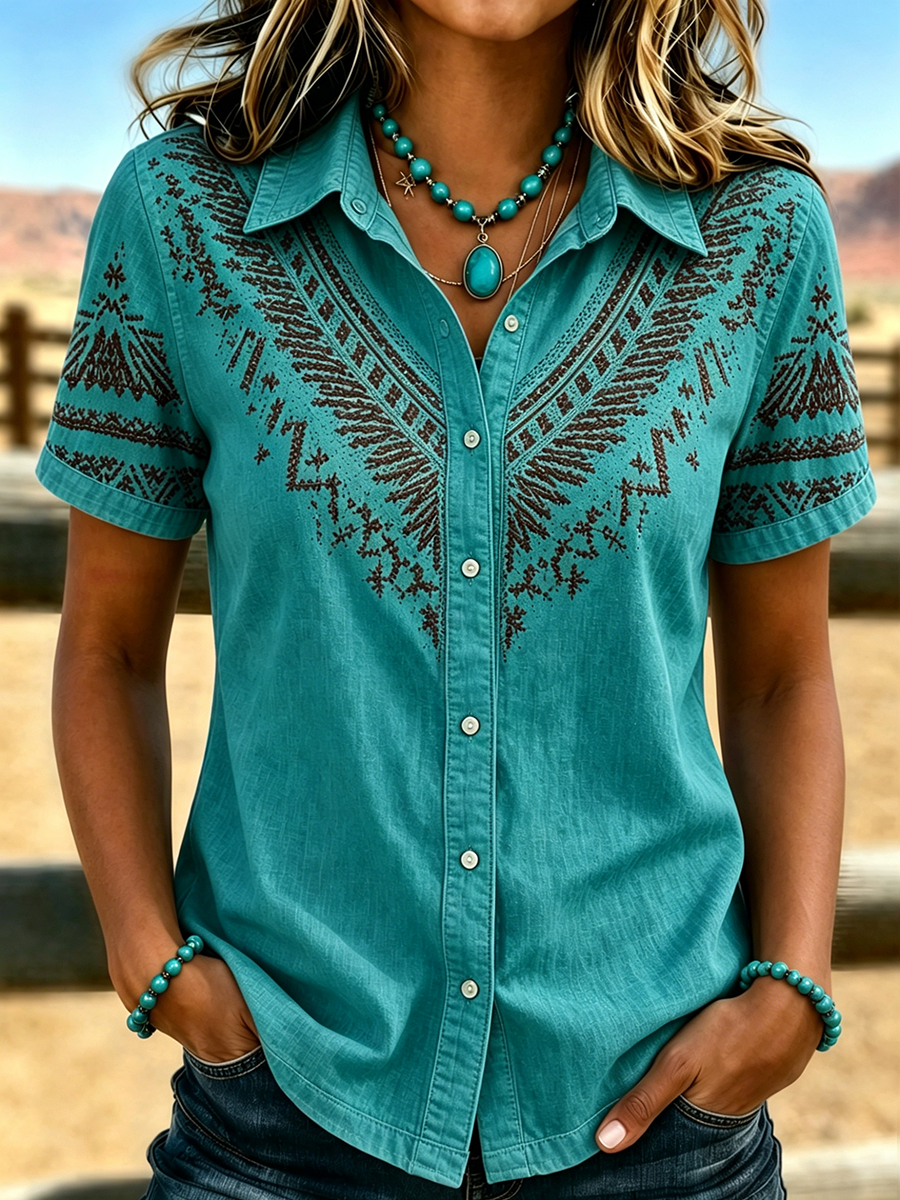 Damen Retro Western Stil Bedrucktes Kurzarmhemd  