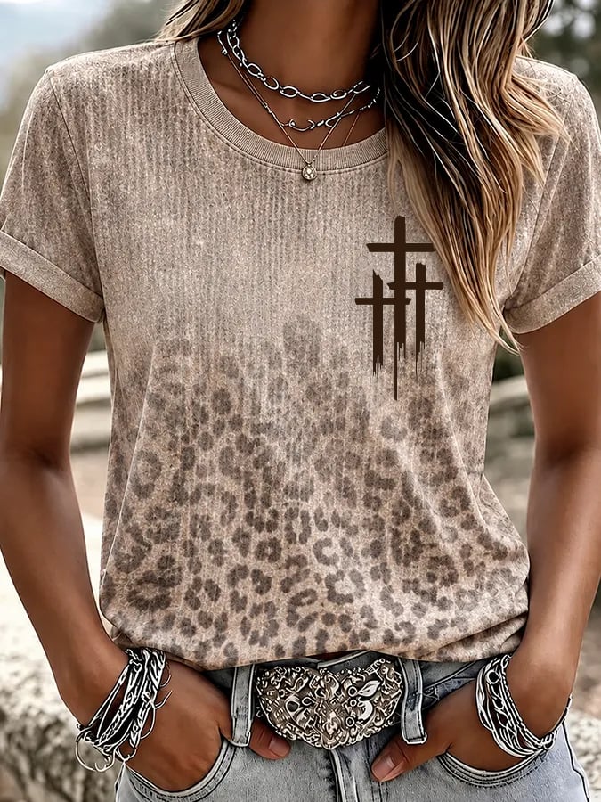 Damen T-Shirt im Western-Stil mit Vintage-Kreuz-Print und Freizeit-Schnitt