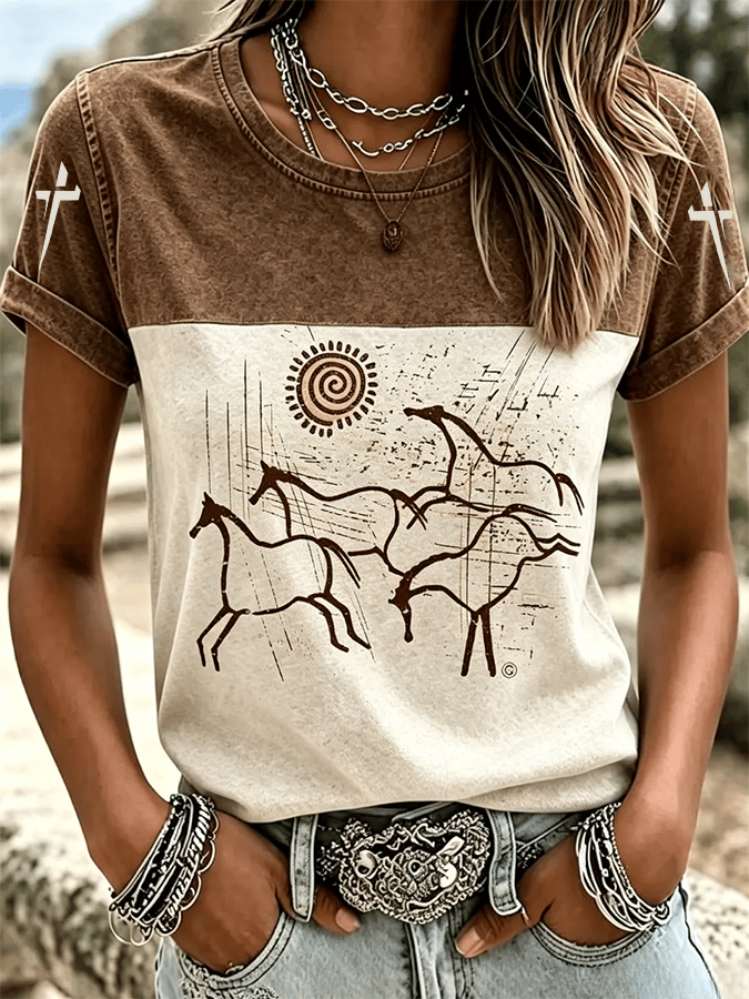 Damen T-Shirt mit Tiermuster, Rundhalsausschnitt im Western-Stil
