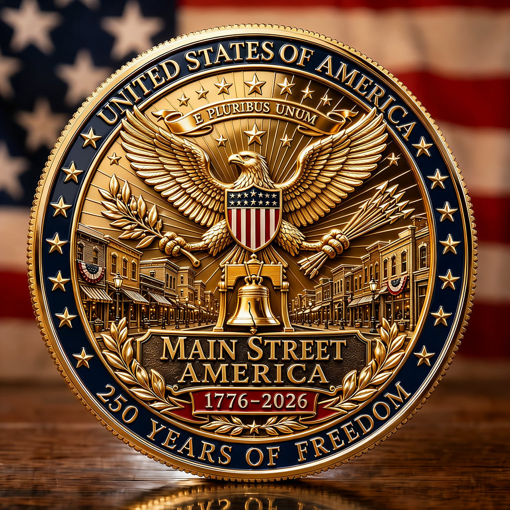 Main Street America 1776–2026 250. Jubiläum Gedenkmünze | Doppelseitige patriotische Adler & Freiheitsglocke Sammlermünze