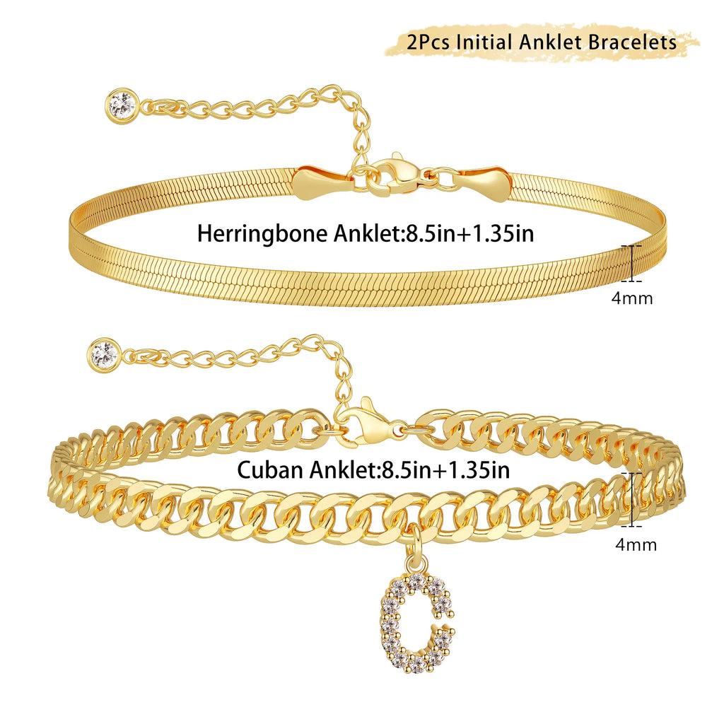 Women's Gold Stackable Anklet Set with Letter Pendant
