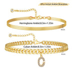 Women's Gold Stackable Anklet Set with Letter Pendant
