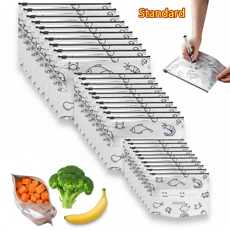 New reusable upgraded thickened upright aluminum foil sealing storage bags, with labels and zipper locks, suitable for washable kitchen items like vegetables, fruits, and meat