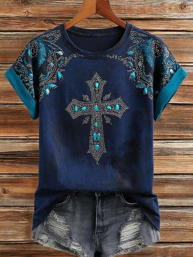 Women'S Casual Retro Faith Printed Short Sleeved T-Shirt