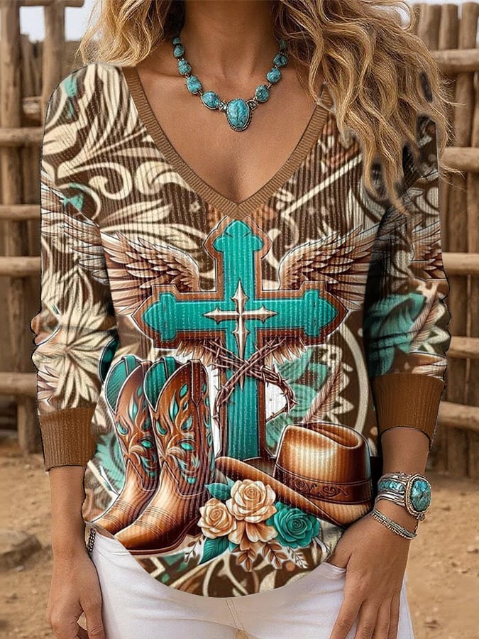 Damen-Oberteil mit ethnischem Western-Print