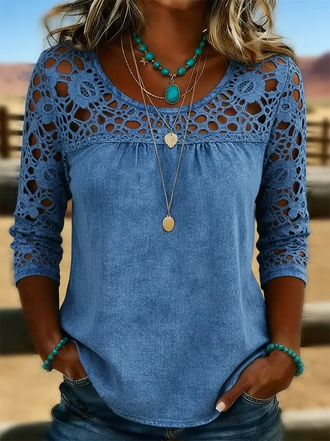 Chemise en Jean Décontractée Ample Unie en Dentelle pour Femme