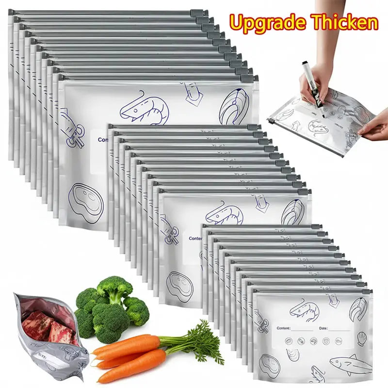New reusable upgraded thickened upright aluminum foil sealing storage bags, with labels and zipper locks, suitable for washable kitchen items like vegetables, fruits, and meat
