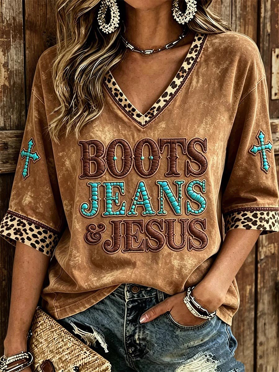 Damen Stiefel Jeans Jesus Türkis Leopardenmuster Halbarm V-Ausschnitt T-Shirt