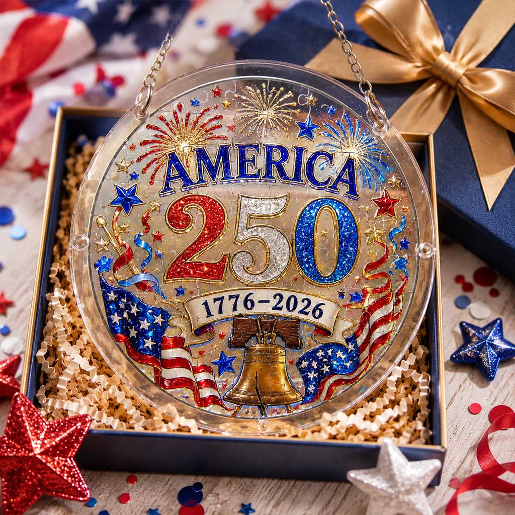 Amerika 250 Acryl-Puzzle-Sonnenfänger-Ornament – 1776–2026 Patriotische Hängende Fensterdekoration mit Feuerwerk