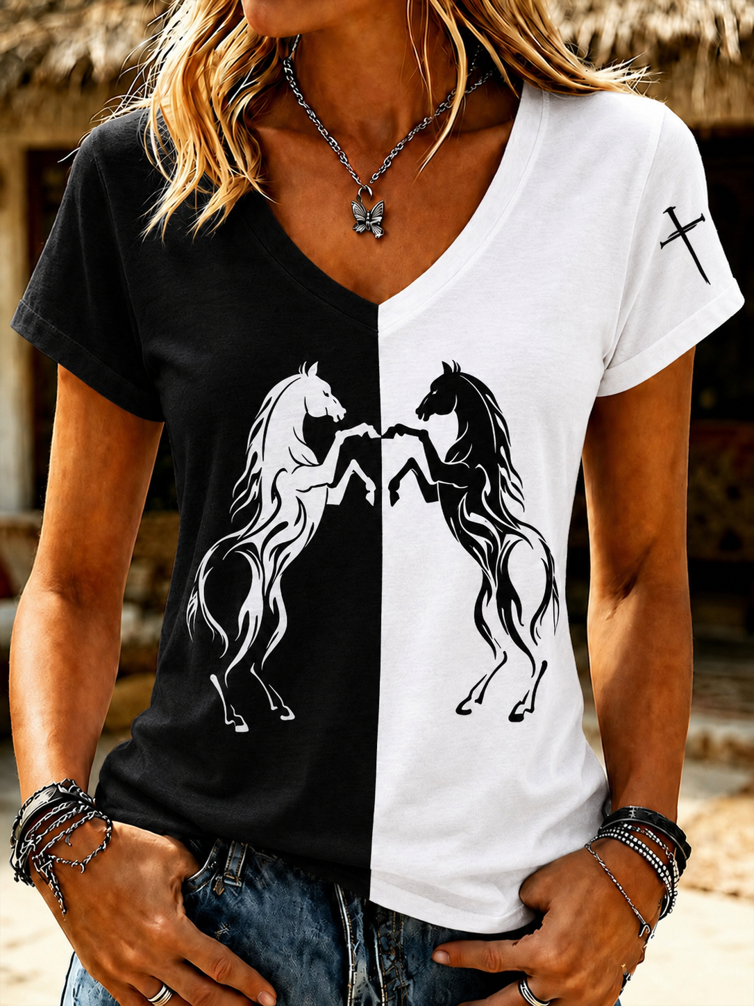 Women'S Retro Western Style Horse Print V-Neck T-Shirt