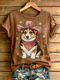 Western-Country-Stil Corgi Rundhals-T-Shirt für Damen
