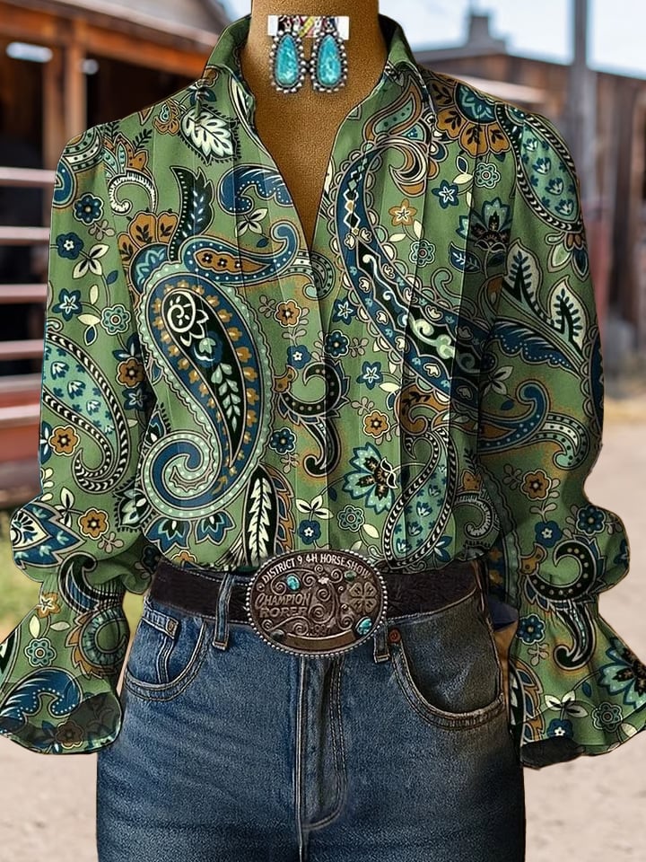 Damen lässiges Westernhemd mit Puffärmeln und Muster