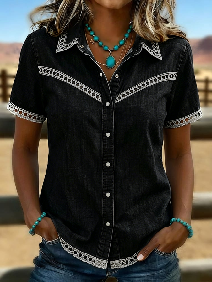 Women's Western Style Retro Solid Color Casual Hollow Denim Shirt