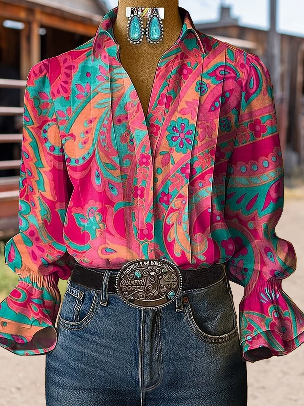 Damen Freizeit Western Hemd mit Puffärmeln und Muster