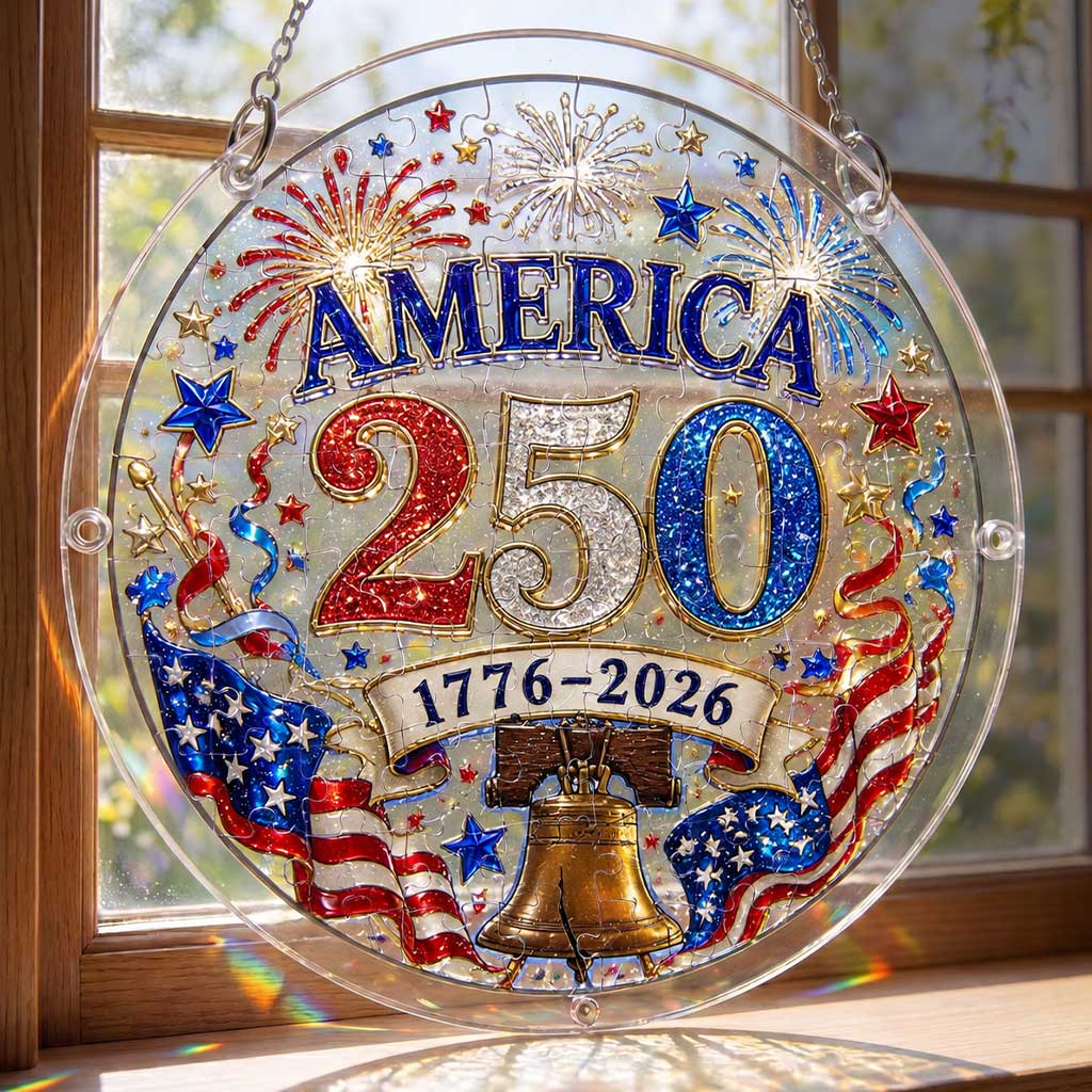Amerika 250 Acryl-Puzzle-Sonnenfänger-Ornament – 1776–2026 Patriotische Hängende Fensterdekoration mit Feuerwerk