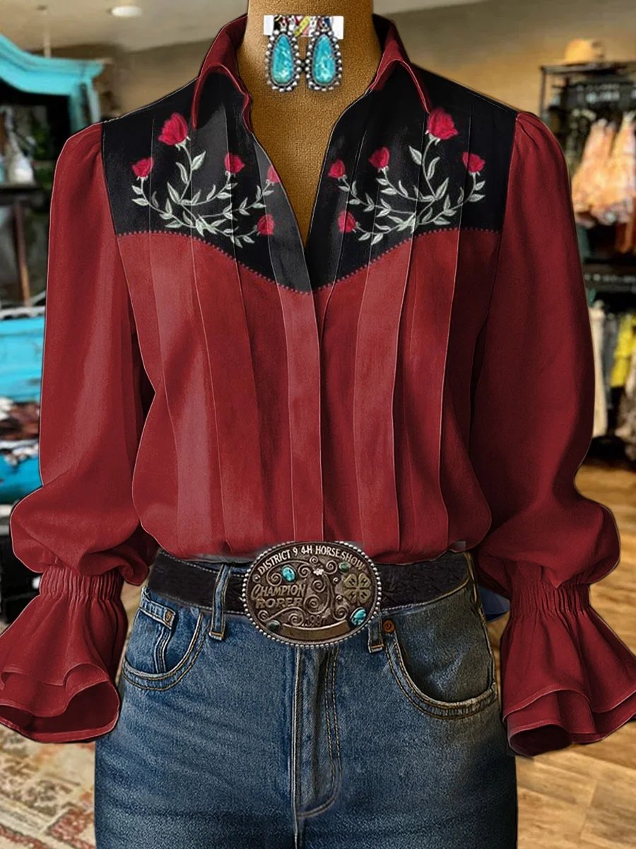 Damen Retro Freizeit Western Muster Hemd