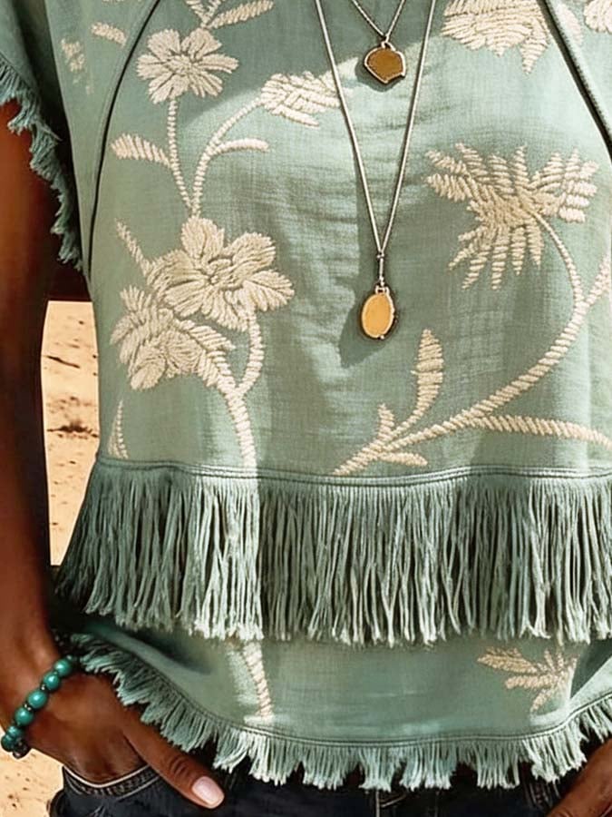 Damen Casual Top mit Quasten und Patchwork-Print